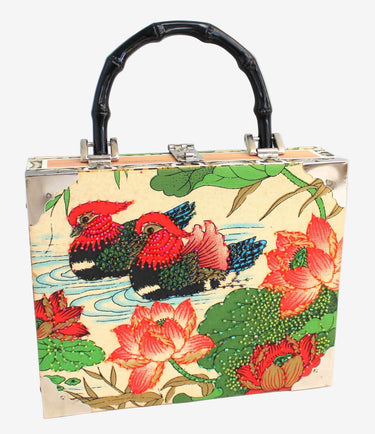 vintage cigar box handbag floral bird print retro structured top handle bag