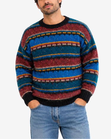 Vintage colourful striped wool blend knit size Medium front view on model