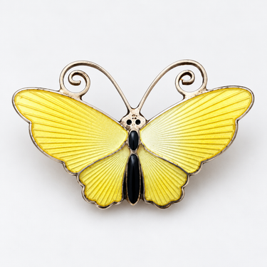 Vintage David-Andersen yellow guilloché enamel sterling silver butterfly brooch front studio view