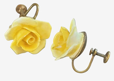 Vintage Denton bone china rose earrings in yellow with screw-back fittings, England. Planet Retro NZ.