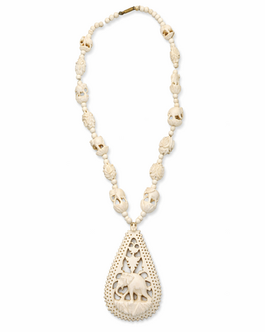 Vintage ivory-look elephant motif statement necklace with pierced teardrop pendant, 1970s–80s Asian export jewellery.