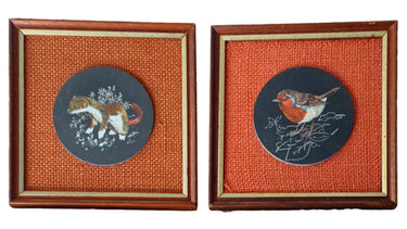 Vintage English hand-painted stoat and robin folk wall art on wood, mid-century framed pair