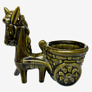 Vintage olive-green glazed ceramic donkey cart planter