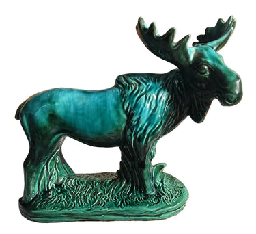 Vintage green glazed ceramic moose figurine with sculpted antlers