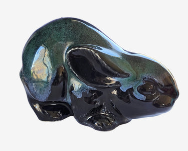 Vintage green and black glazed ceramic rabbit figurine, main product photograph