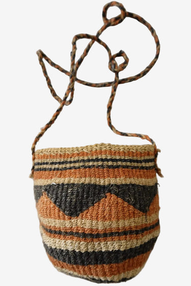 Vintage handwoven African mini bag in rust tan and black natural fibres with geometric pattern