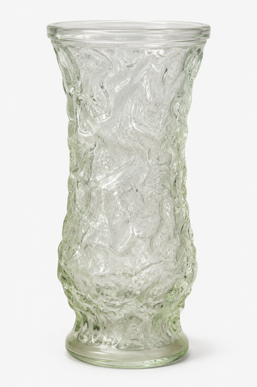 Vintage Hoosier Glass clear textured pressed-glass vase with crinkle bark-effect surface, approx. 21cm tall.