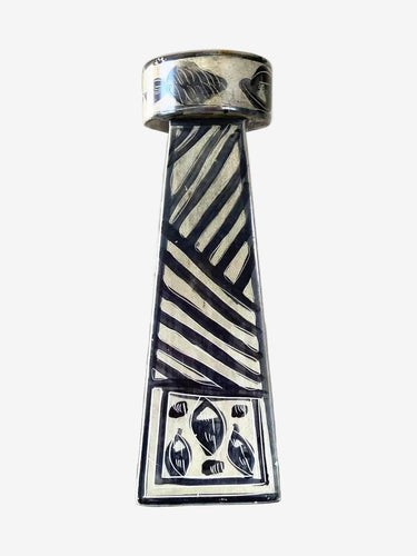 Vintage Kenyan hand-painted soapstone candle holder with black and cream geometric patterns.