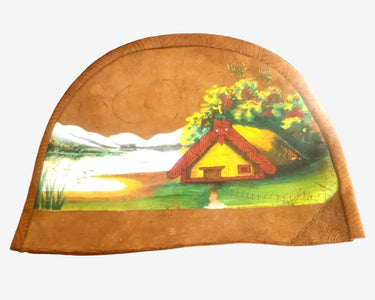 Vintage leather Kiwiana kitchen cover Auckland NZ whare scene handpainted