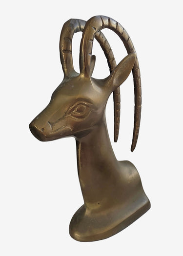 Vintage Korean solid brass antelope ibex bust with sweeping curved horns, front view