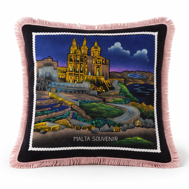 Vintage Malta velvet cushion cover with fringe featuring detailed cityscape design, 45cm statement home decor piece