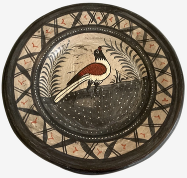 Vintage Mexican Tonalá hand-painted bird pottery plate front