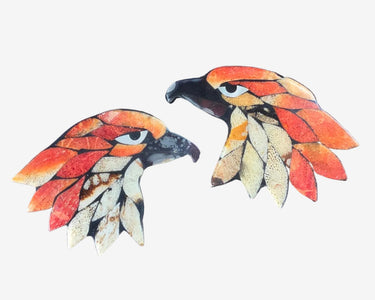 Vintage mosaic eagle clip-on earrings with natural stone inlay in warm rust and cream tones.