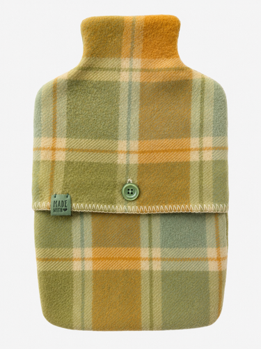 Handmade hot water bottle cover made from vintage New Zealand wool blanket in green mustard orange and blue check