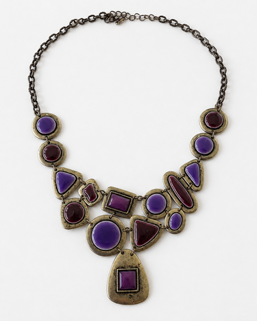 Vintage purple and plum enamel statement necklace with antiqued gold-tone metal