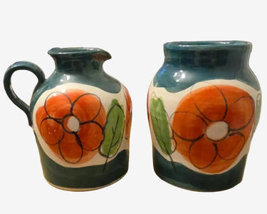 Vintage signed Ashley floral pottery jug and canister pair, front view
