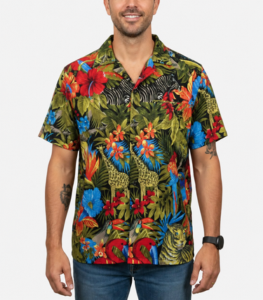 Men’s vintage tropical shirt with colourful tiger, birds, giraffes, flowers and jungle leaf print on a model.