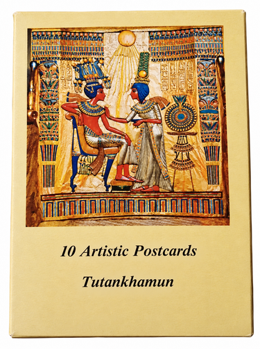 Vintage Tutankhamun 10 Artistic Postcards set cover with Egyptian artwork, warm yellow tones