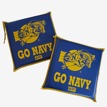 Pair of vintage US Navy Midshipmen Go Navy vinyl stadium cushions in blue and gold.