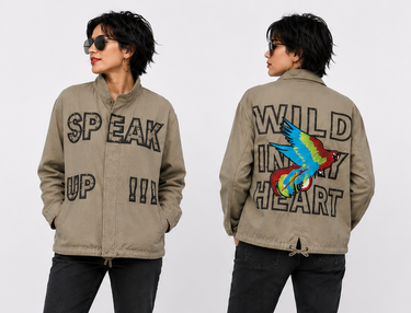 Vintage Zara Speak Up graphic military jacket khaki with slogan front and parrot back size medium