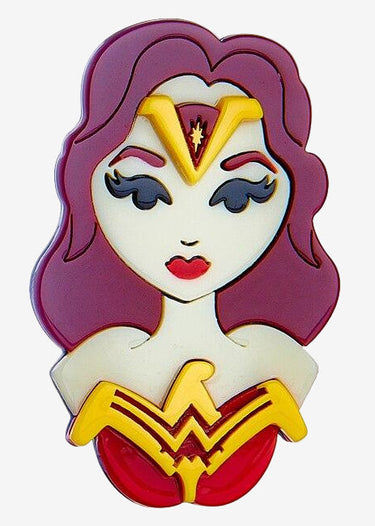 Stylized character with purple hair and yellow and red emblem on a white background