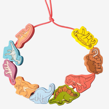 Wooden dinosaur threading toy with colourful preschool lacing dinosaurs on red cord