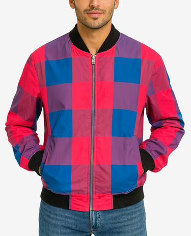 Man wearing a checkered jacket with red, blue, and purple squares on a white background