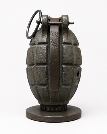 Authentic WWII No.36 Mills grenade display dated 2/41 mounted on a custom machined metal stand