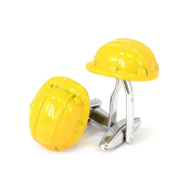 Yellow hard hat cufflinks on a white background