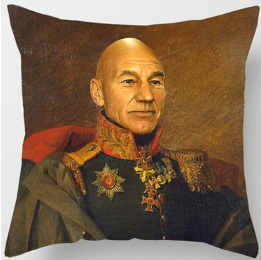 A cushion cover featuring an illustrated portrait of Jean-Luc Picard in a military uniform, with a mix of steampunk elements.