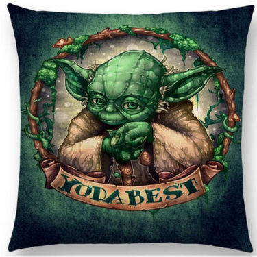 A square cushion cover featuring an illustration of Yoda from Star Wars with the phrase 'Yoda Best' around the border.
