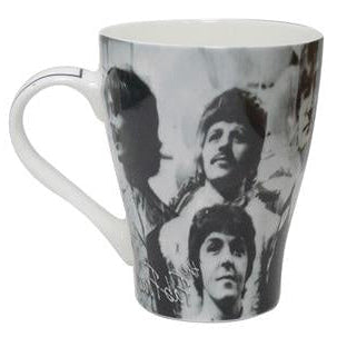 Beatles Fab Four black and white ceramic coffee mug featuring a classic photo of John, Paul, George and Ringo.