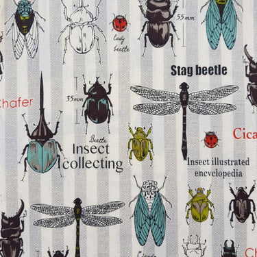KOKKA Line pop grey pinstripe cotton fabric with illustrated beetles and dragonflies