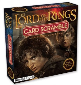 The Lord of the Rings Card Scramble board game box featuring characters from the movie on a dark themed background.