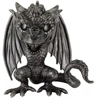 A metallic black Funko Pop vinyl figure of Rhaegal, a dragon from Game of Thrones, sitting with its wings extended.
