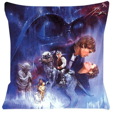 Star Wars-themed pillow with characters and elements from the franchise on a blue and purple background.