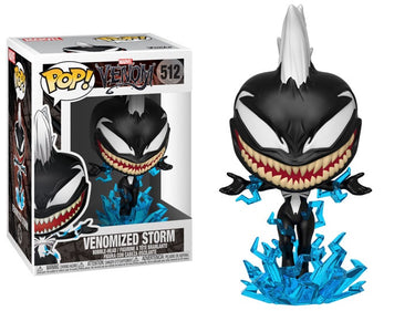 A Funko Pop Vinyl figure of Venomized Storm from X-Men, featuring a black and white design with blue accents on the box, with the number 512 displayed.