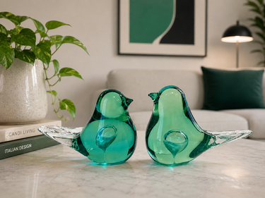 Pair of Vintage Green Art Glass Birds
