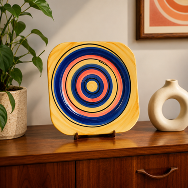 Vintage Petra Ceramics New Zealand square serving platter with colourful concentric rings