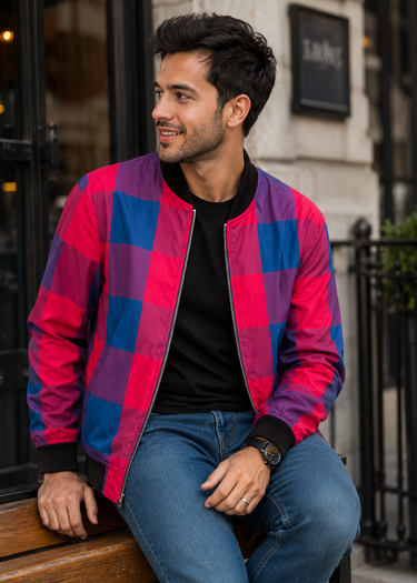 A man wearing a vibrant pink and blue checkered bomber jacket, a black t-shirt, and blue jeans, sitting on a wooden bench in front of a stone building.