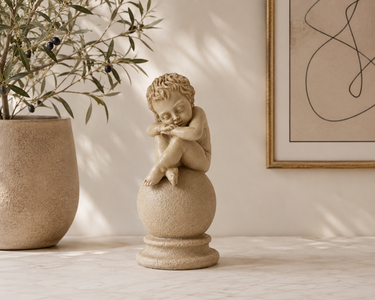 Sleeping Cherub on Stone Sphere Resin Sculpture 24cm