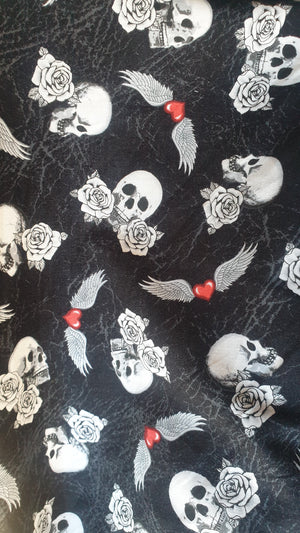 Fabric - Skulls & Winged Hearts (Black)
