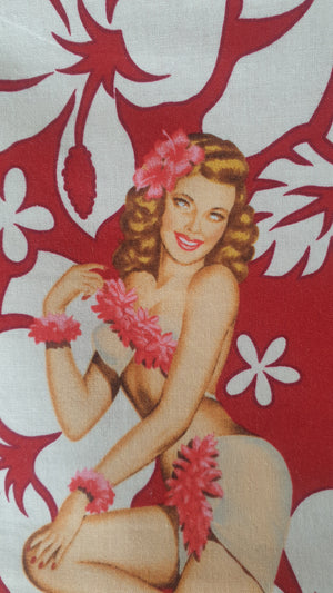 Tropical Pin Up Tiki Girls (Red) - Handmade Cushion Cover