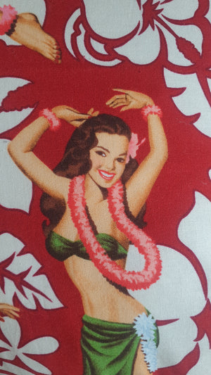 Tropical Pin Up Tiki Girls (Red) - Handmade Cushion Cover