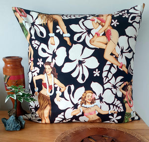 Tropical Pin Up Tiki Girls (Black) - Handmade Cushion Cover