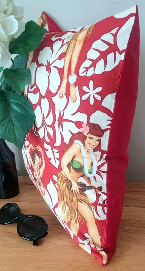 Tropical Pin Up Tiki Girls (Red) - Handmade Cushion Cover