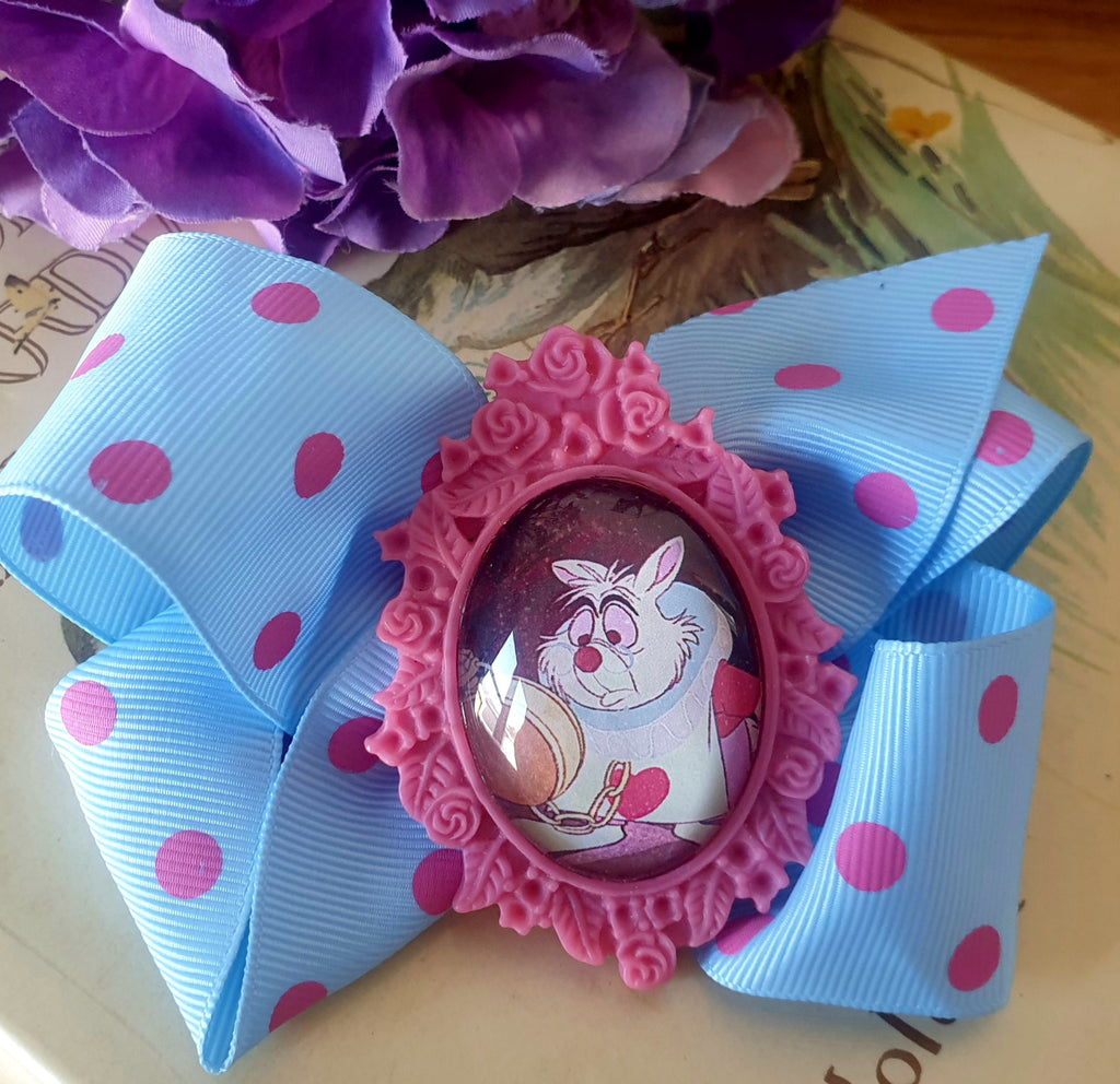 White Rabbit in Blue & Pink - Bow Hair Clip