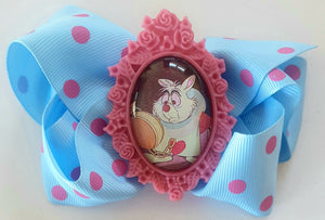 White Rabbit in Blue & Pink - Bow Hair Clip