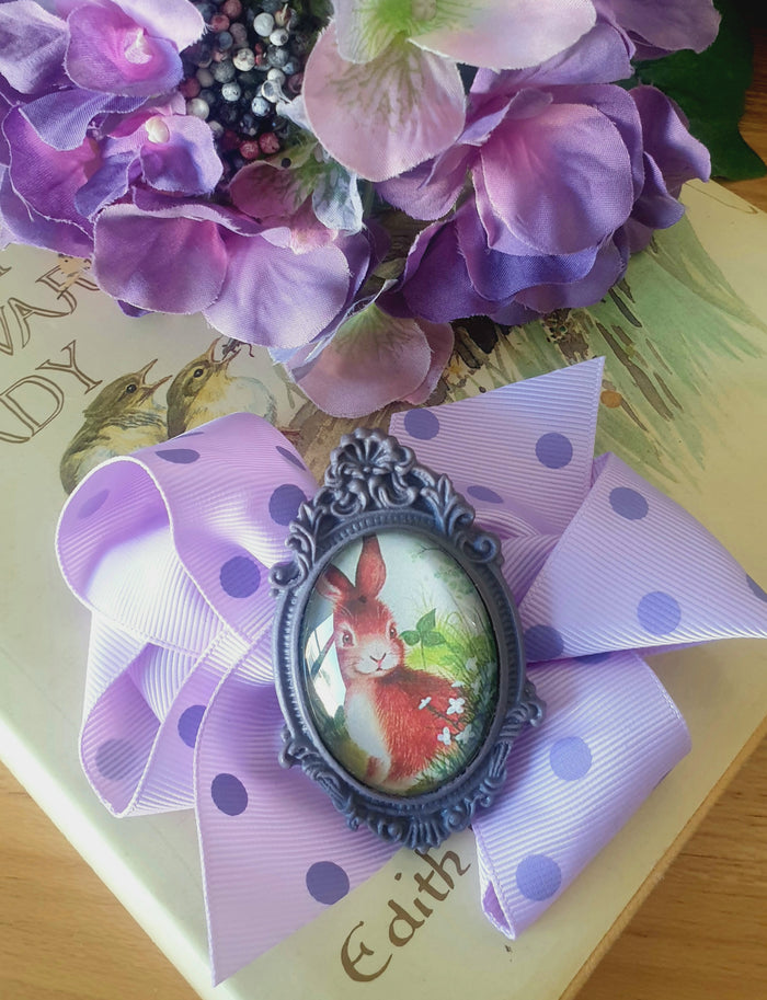 Brown Rabbit in Lavender - Bow Hair Clip