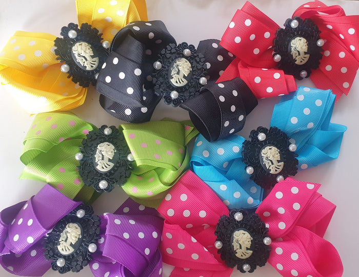 Skeleton Cameos Polka Dots - Bow Hair Clips